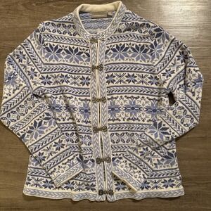 Nordic Blue & White Snowflake Cardigan M Fair Isle Clasps Croft & Barrow
